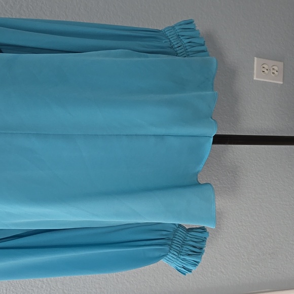 KOBI HALPERIN Miley VNeck Silk Long Sleeve Blouse Aqua Ruffled Cuffs Size MEDIUM - Picture 4 of 10